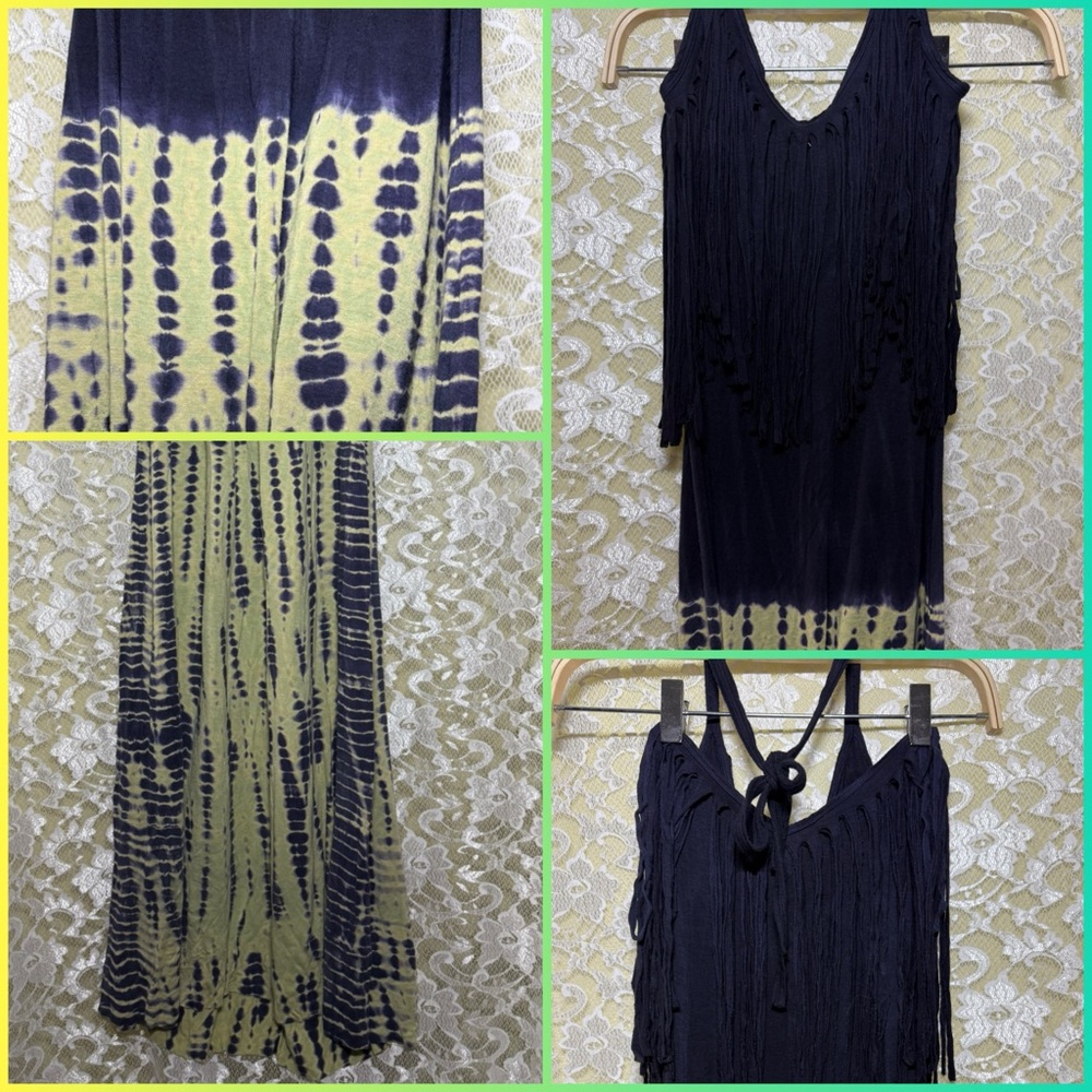 T-Party tie dye maxi dress halter neck fringe euc medium